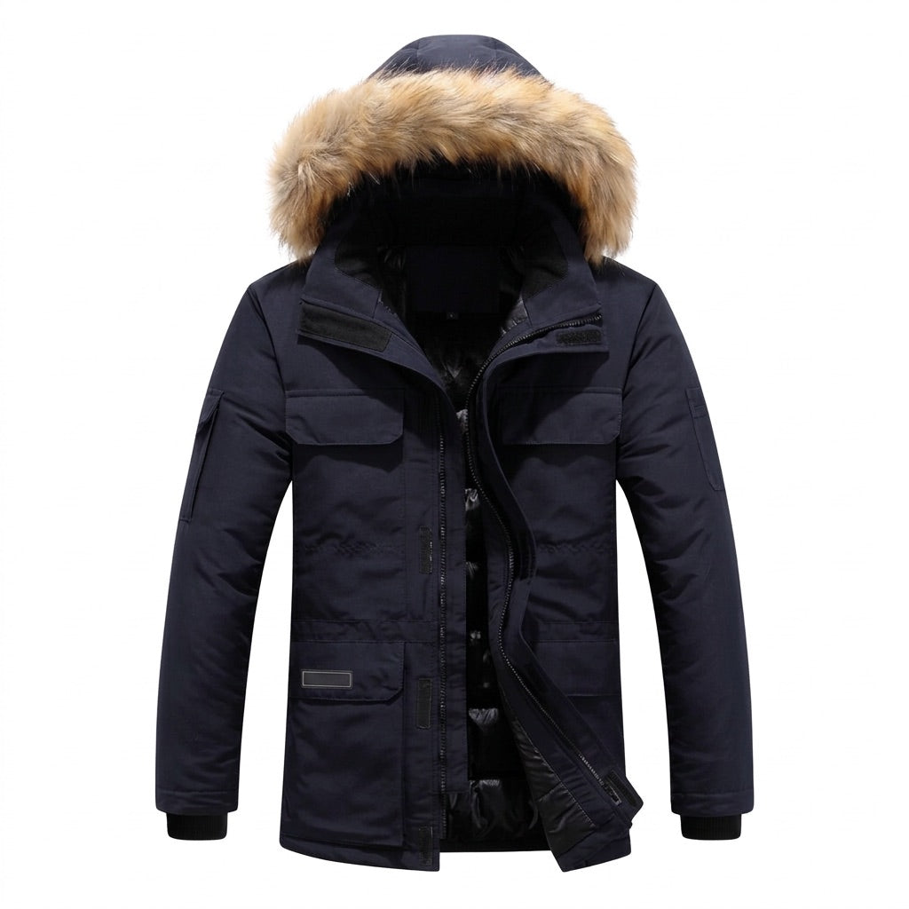 Winterparka Herren mit Kunstfell-Kapuze – Gefütterte Winterjacke – Marineblau – Vorderansicht