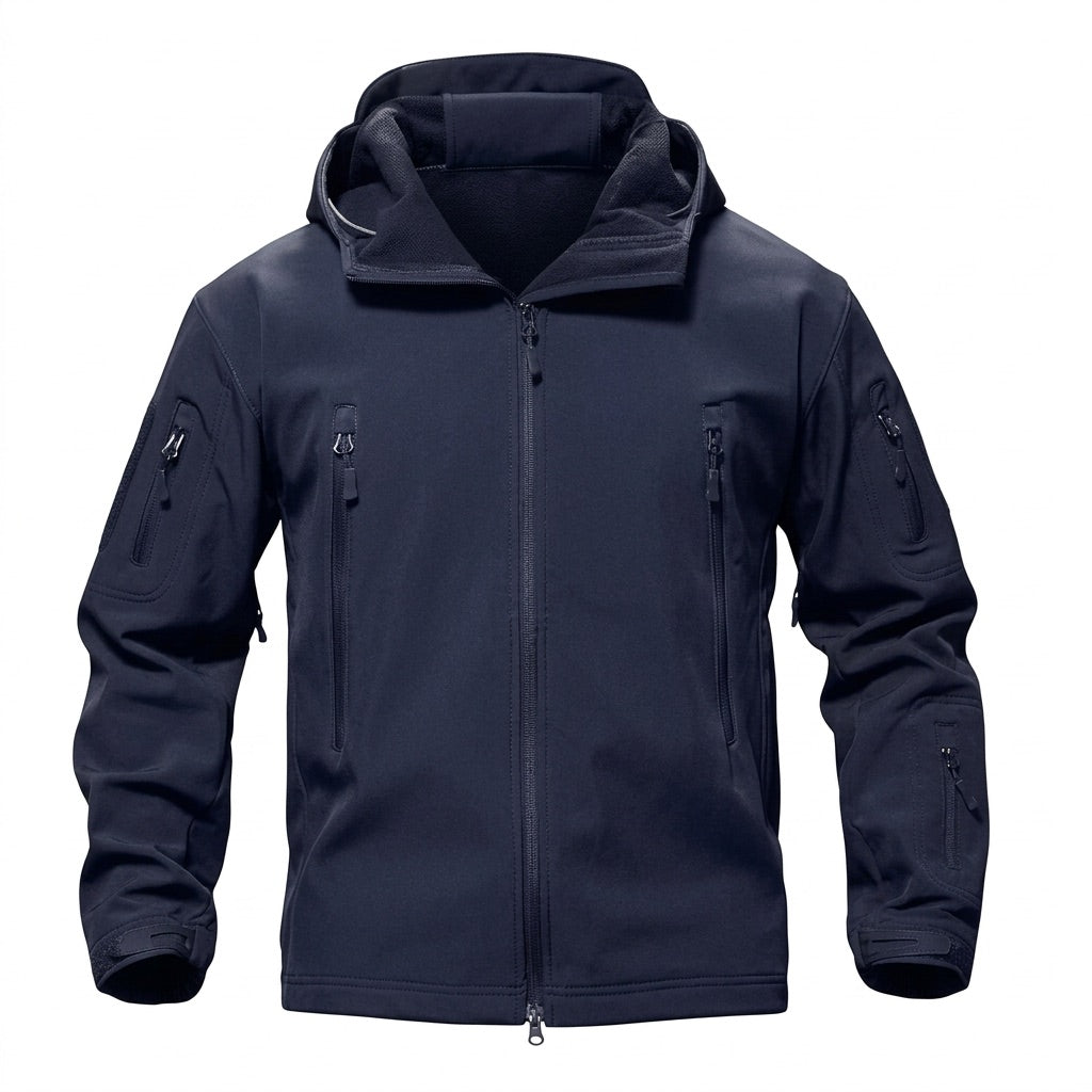 Softshelljacke Herren mit Kapuze – Outdoor Funktionsjacke – Marineblau – Vorderansicht