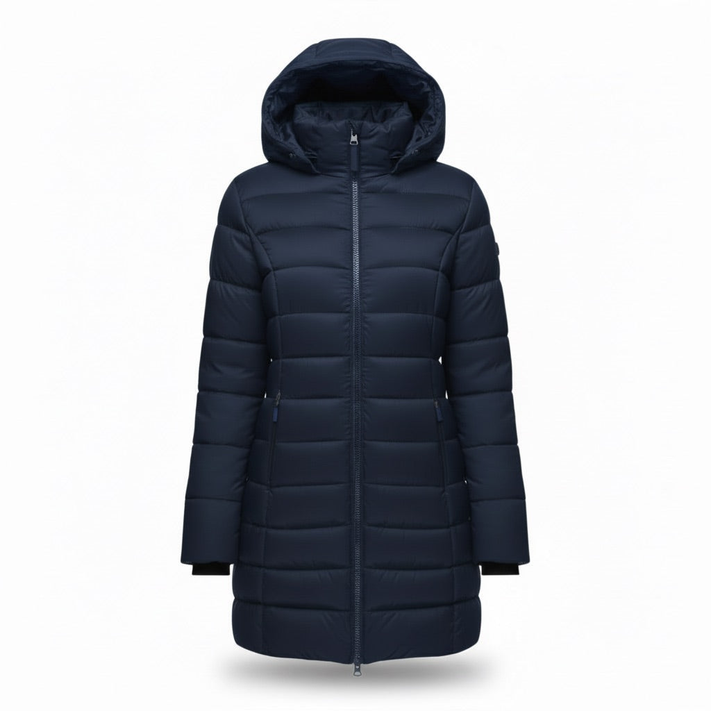 Parka Damen lang gesteppt mit Kapuze – Warme Winterjacke – Marineblau – Vorderansicht