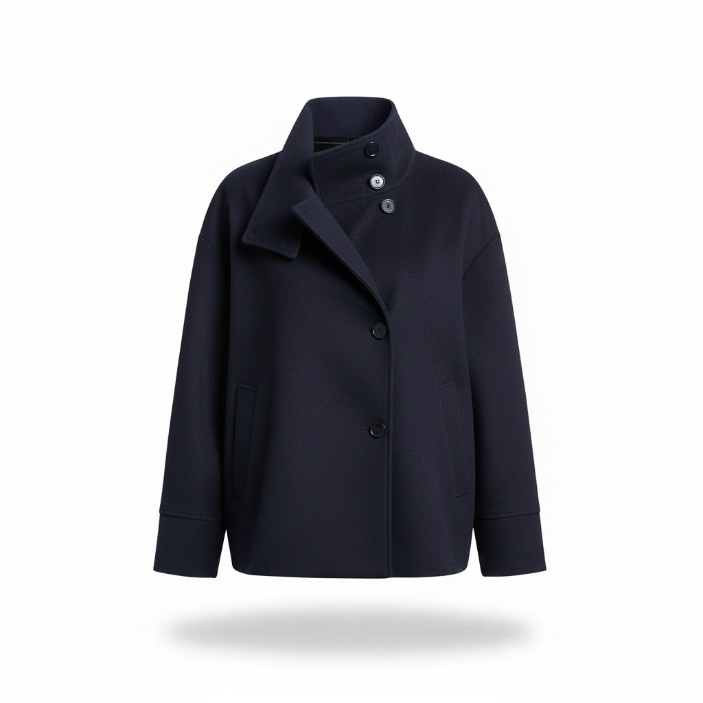 Kurzer Mantel Damen mit Stehkragen – Oversize Kurzjacke – Marineblau – Vorderansicht