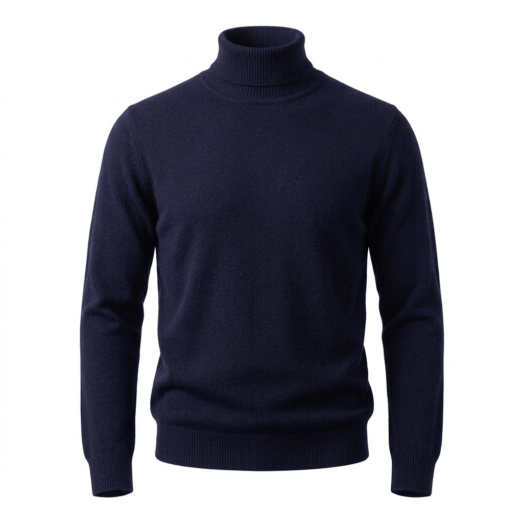 Rollkragenpullover Herren Feinstrick – Zeitloser Basic Pullover – Marineblau – Vorderansicht