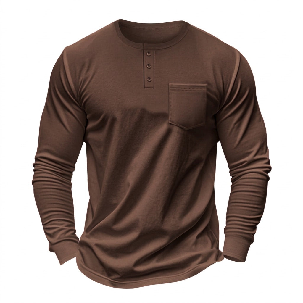 Henley Shirt Herren Langarm – mit Brusttasche – Braun – Vorderansicht
