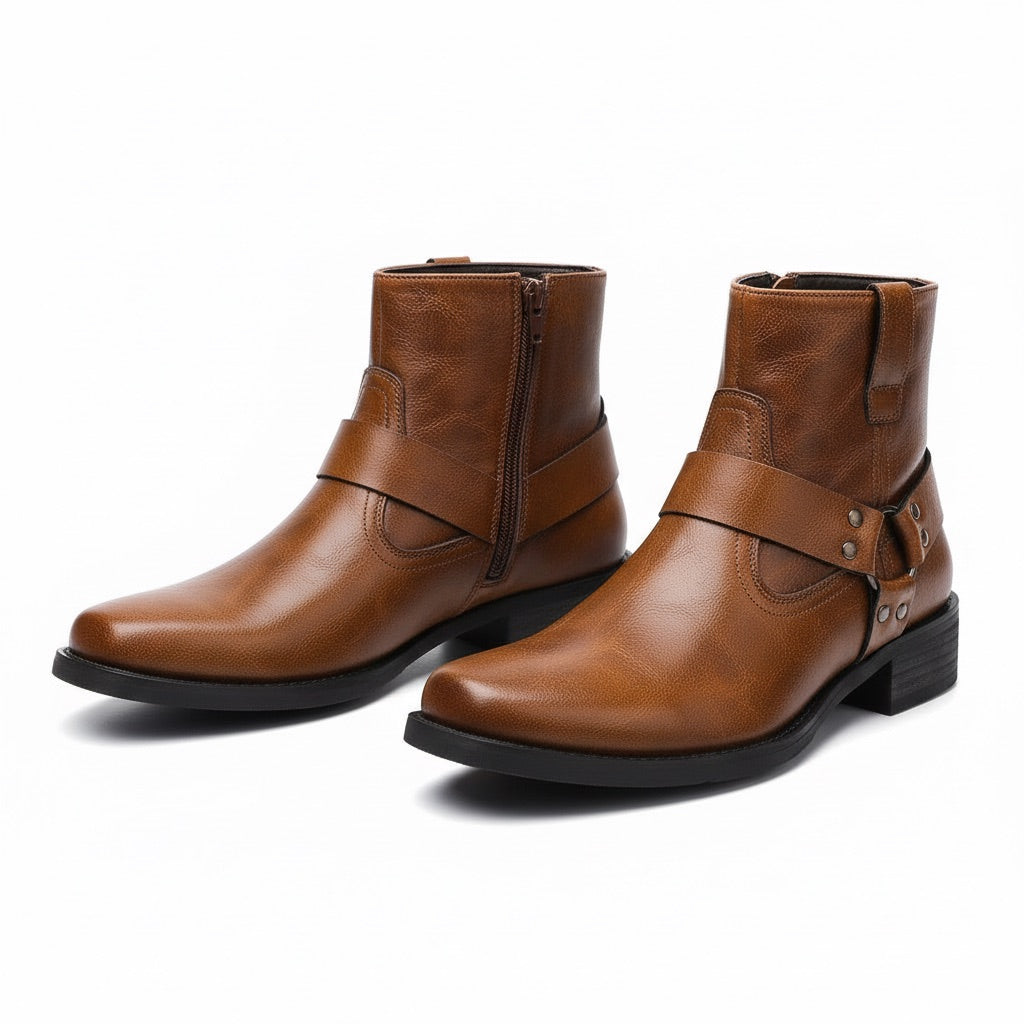 Biker Boots Herren mit Riemen – Vintage Stiefeletten – Braun – Vorderansicht