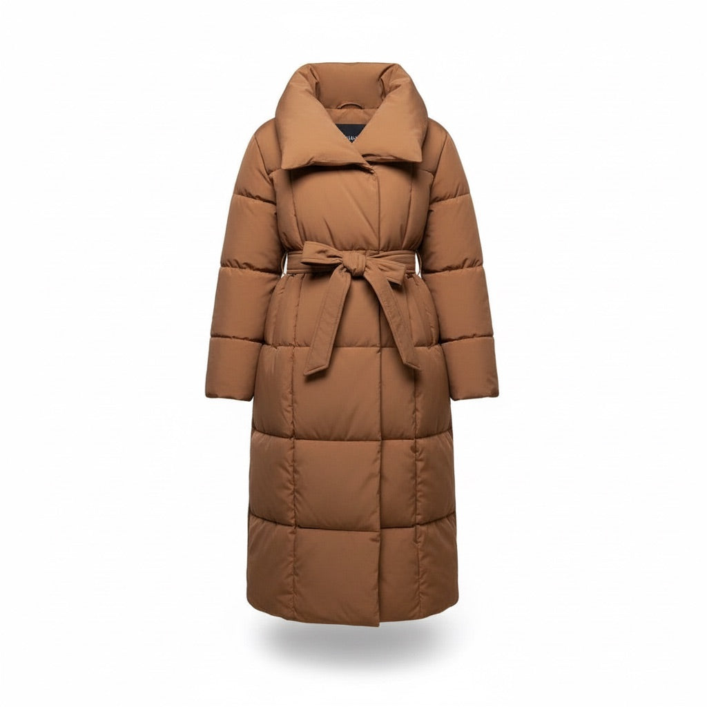 Damen Langer Steppmantel mit Gürtel Winterjacke – Braun – Vorderansicht