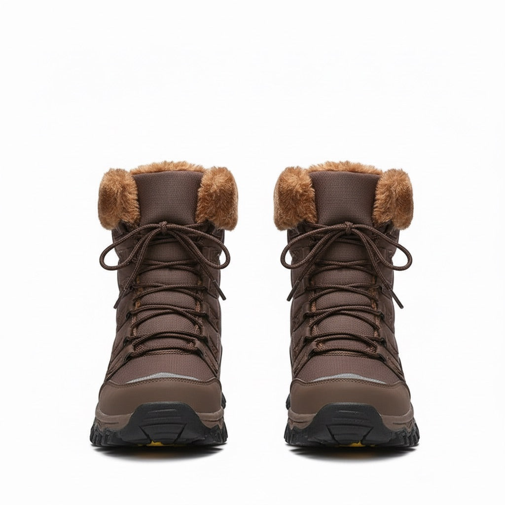 Schneestiefel Damen gefüttert – Winterstiefel mit Fellrand – Braun – Vorderansicht