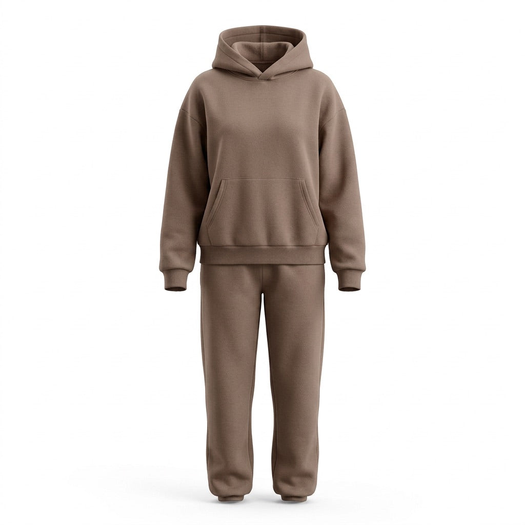 Hausanzug Damen Oversize – Hoodie und Hose als Zweiteiler – Braun – Vorderansicht