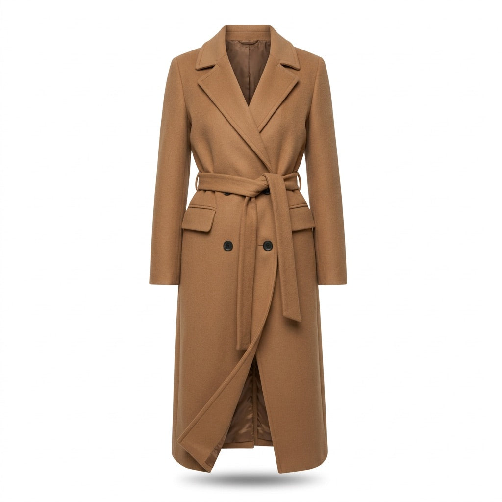 Mantel Damen lang Zweireiher mit Gürtel – Eleganter Wintermantel – Braun – Vorderansicht