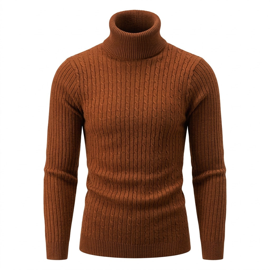 Rollkragenpullover Herren mit Zopfmuster – Warmer Strickpullover – Braun – Vorderansicht