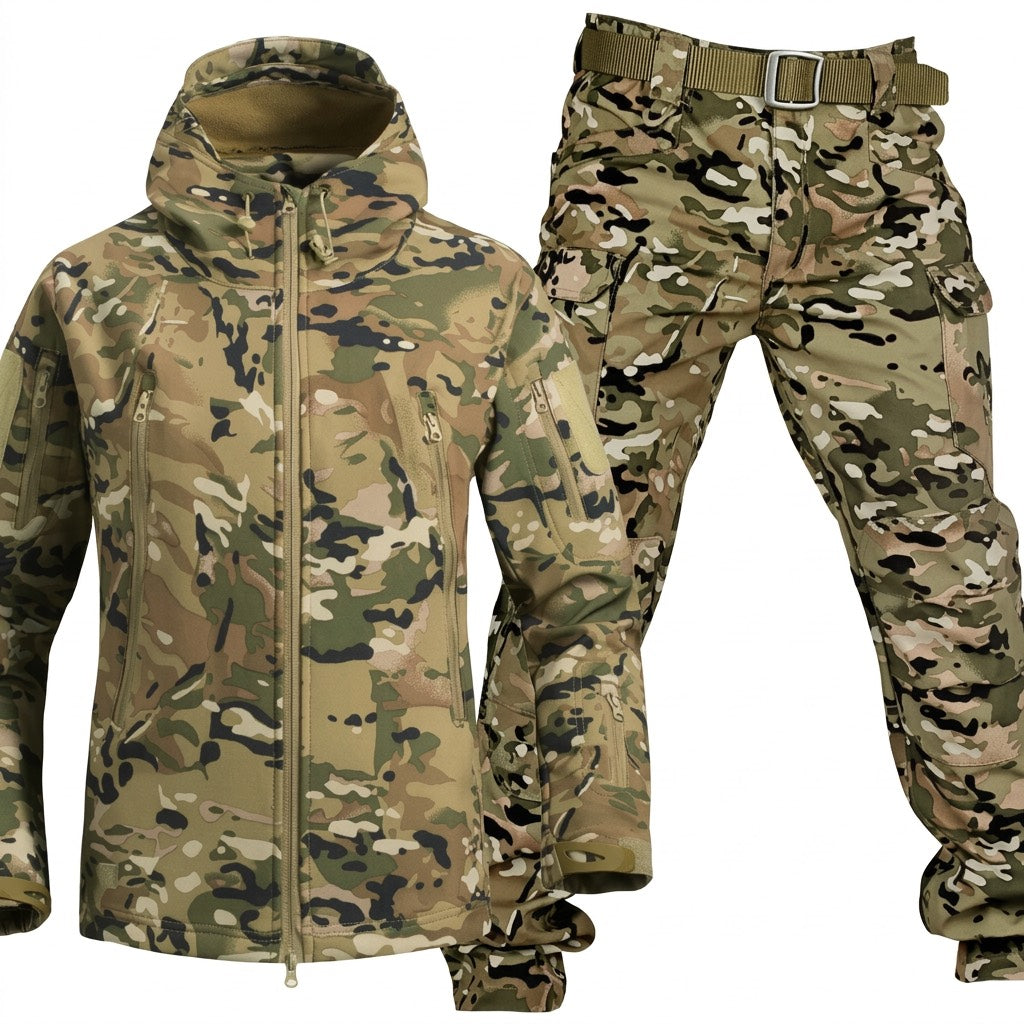 Softshell Set Herren – Funktionsjacke mit Kapuze und Cargohose – Camo-Grau – Vorderansicht