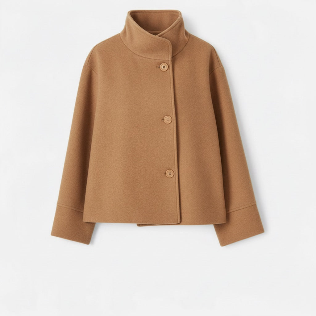 Kurzmantel Damen mit Stehkragen – Kurze Jacke mit Knopfleiste – Camel – Vorderansicht