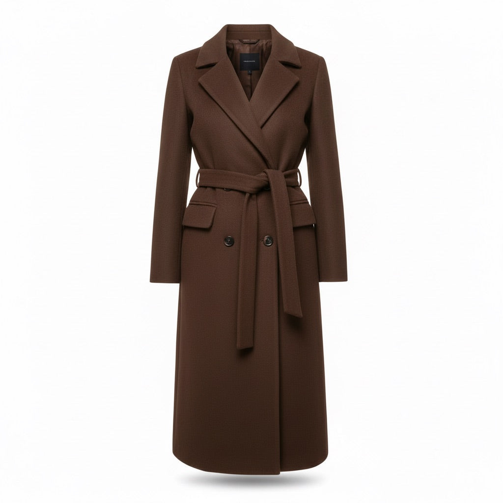 Mantel Damen lang Zweireiher mit Gürtel – Eleganter Wintermantel – Schokobraun – Vorderansicht