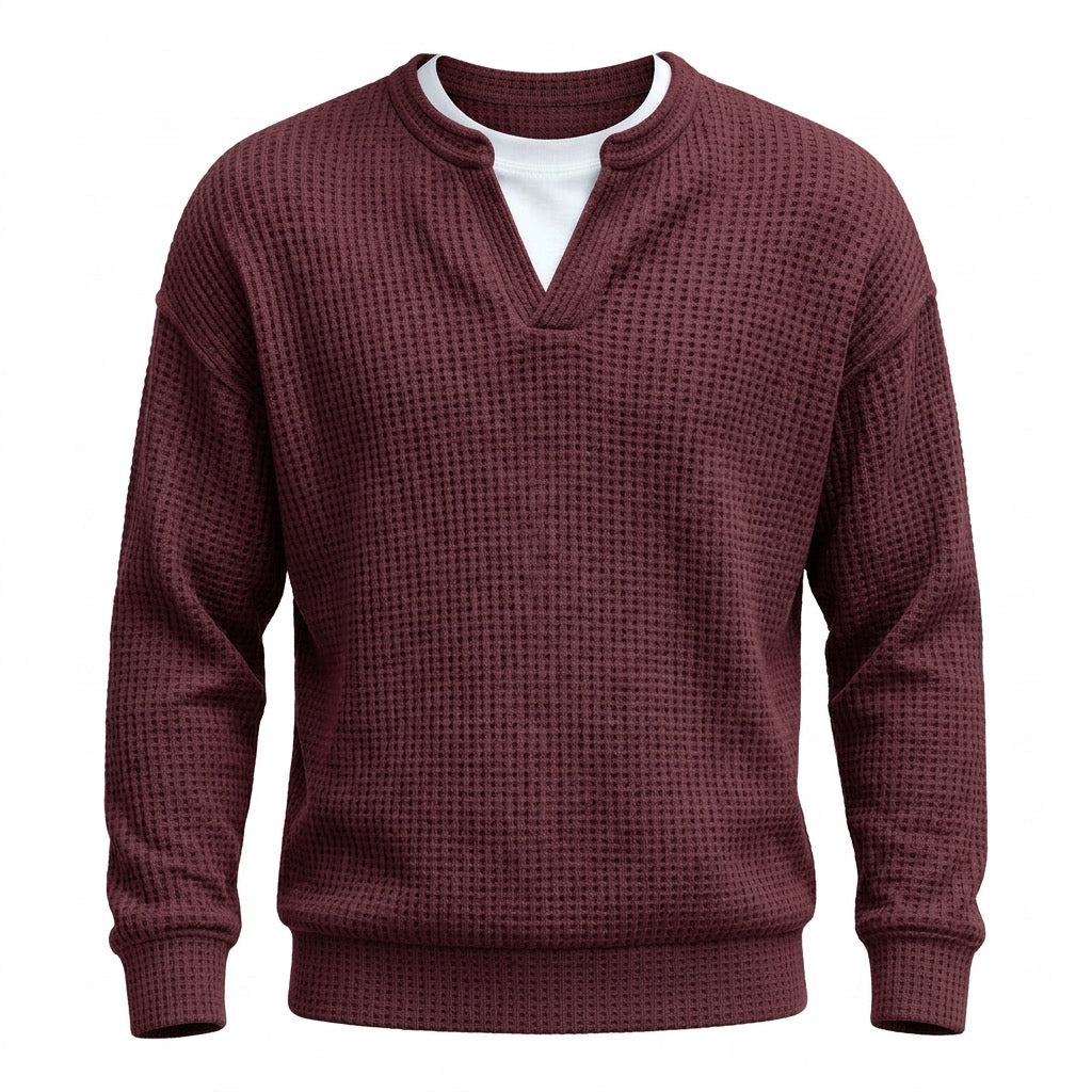 Waffelpullover Herren mit Schlitzausschnitt – Lässiger Pullover – Dunkelrot – Vorderansicht