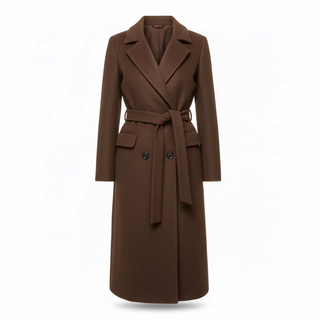 Mantel Damen lang Zweireiher mit Gürtel – Eleganter Wintermantel – Dunkelbraun – Vorderansicht