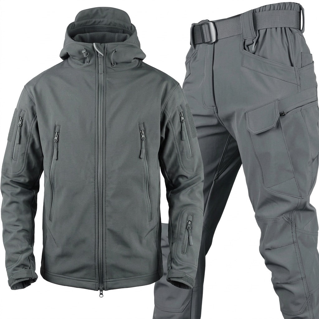 Softshell Set Herren – Funktionsjacke mit Kapuze und Cargohose – Dunkelgrau – Vorderansicht