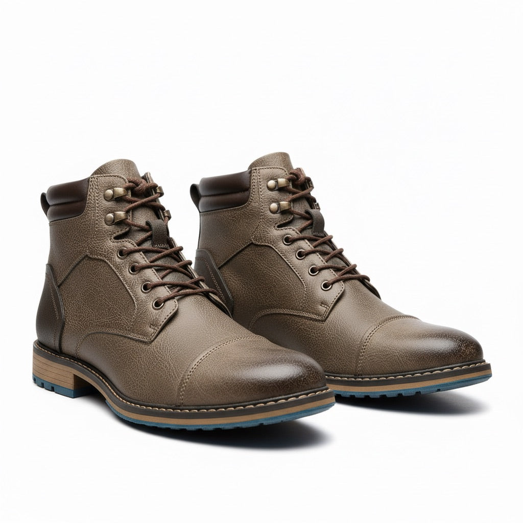 Schnürboots Herren mit Kappe – Stiefeletten in Vintage-Optik – Grau-Braun – Vorderansicht