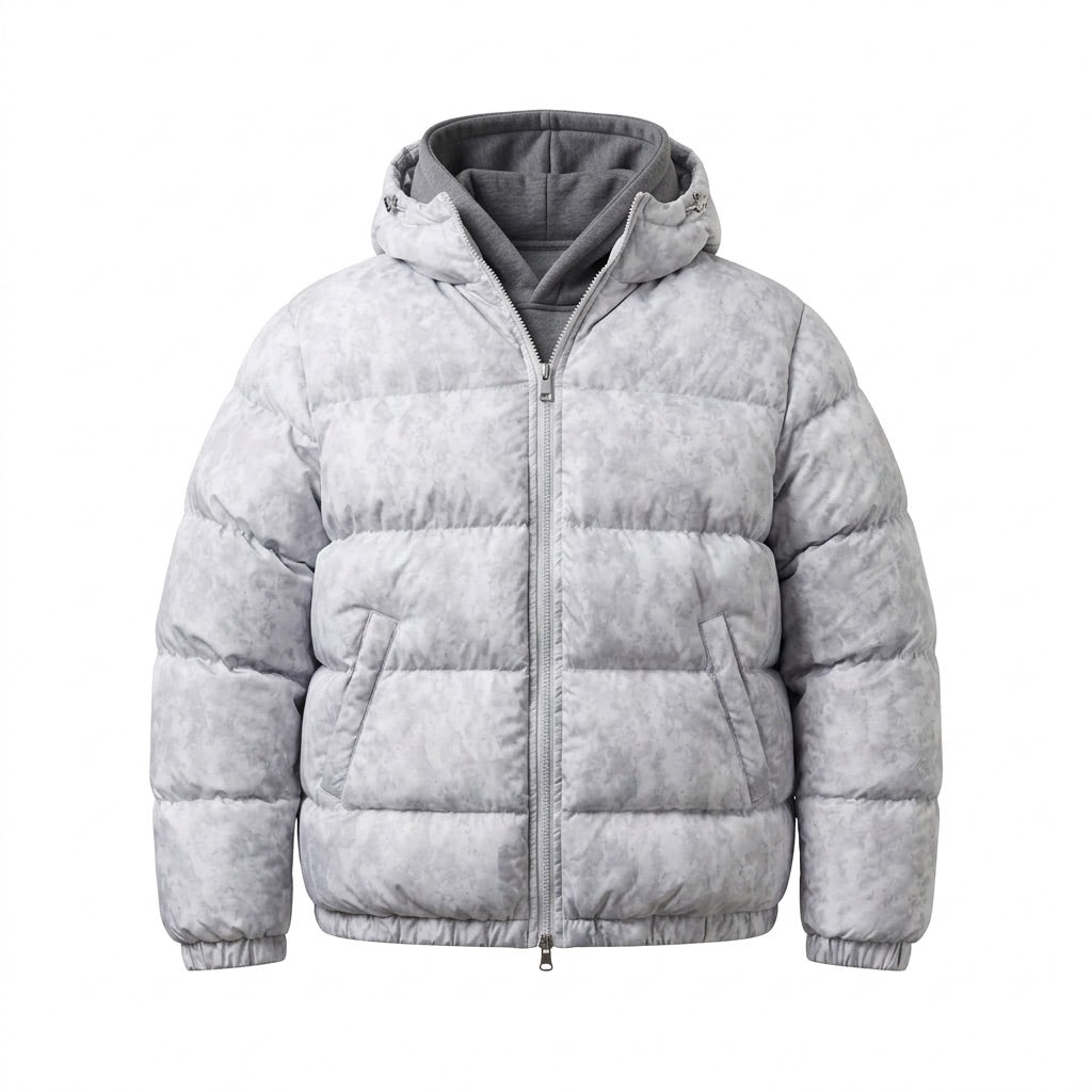 Pufferjacke Herren glänzend mit Kapuze – Warme Winterjacke – Grau – Vorderansicht
