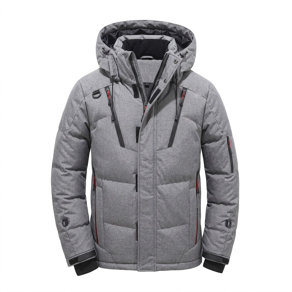 Winterjacke Herren gesteppt mit Kapuze – Warme Pufferjacke – Grau – Vorderansicht