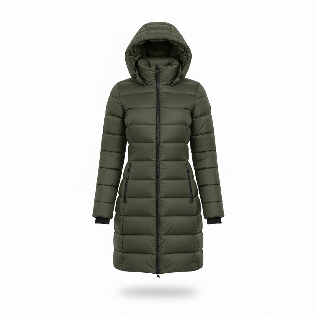 Winterjacke Damen lang mit Kapuze – Taillierter Steppmantel – Grün – Vorderansicht