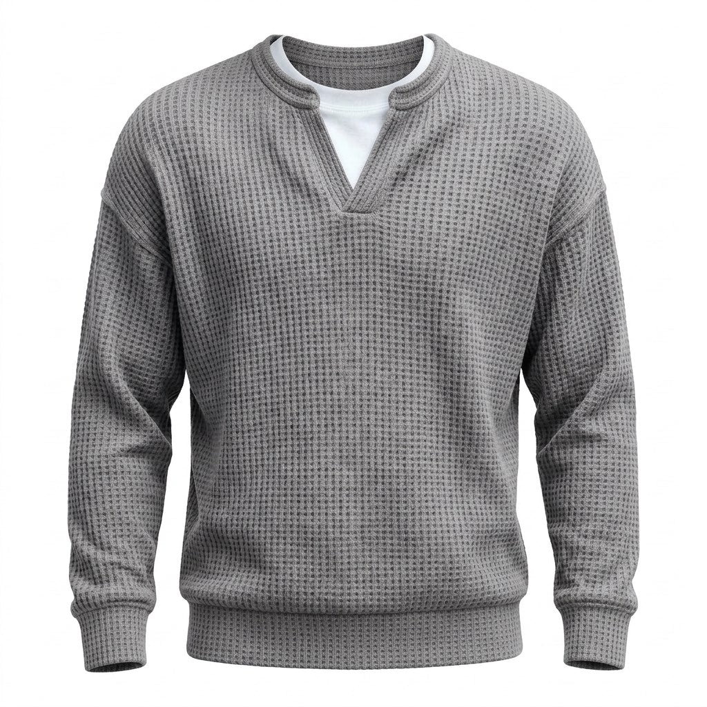 Waffelpullover Herren mit Schlitzausschnitt – Lässiger Pullover – Grau – Vorderansicht