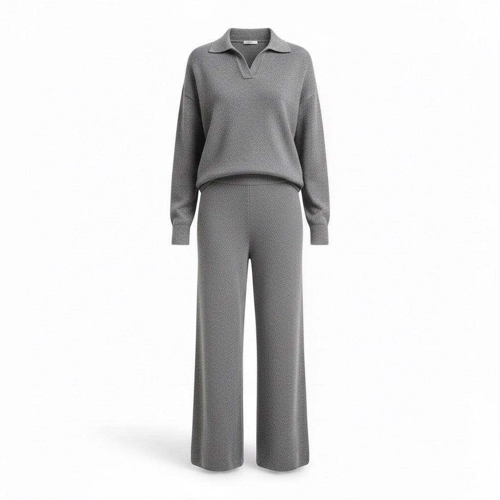 Strickset Damen Pullover und Hose – Zweiteiler mit Polokragen – Grau – Vorderansicht