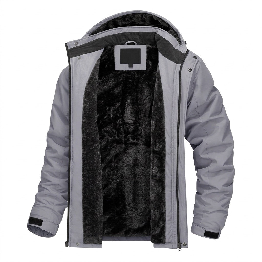 Winterjacke Herren mit Fleecefutter und Kapuze – Outdoor Parka – Hellgrau – Vorderansicht