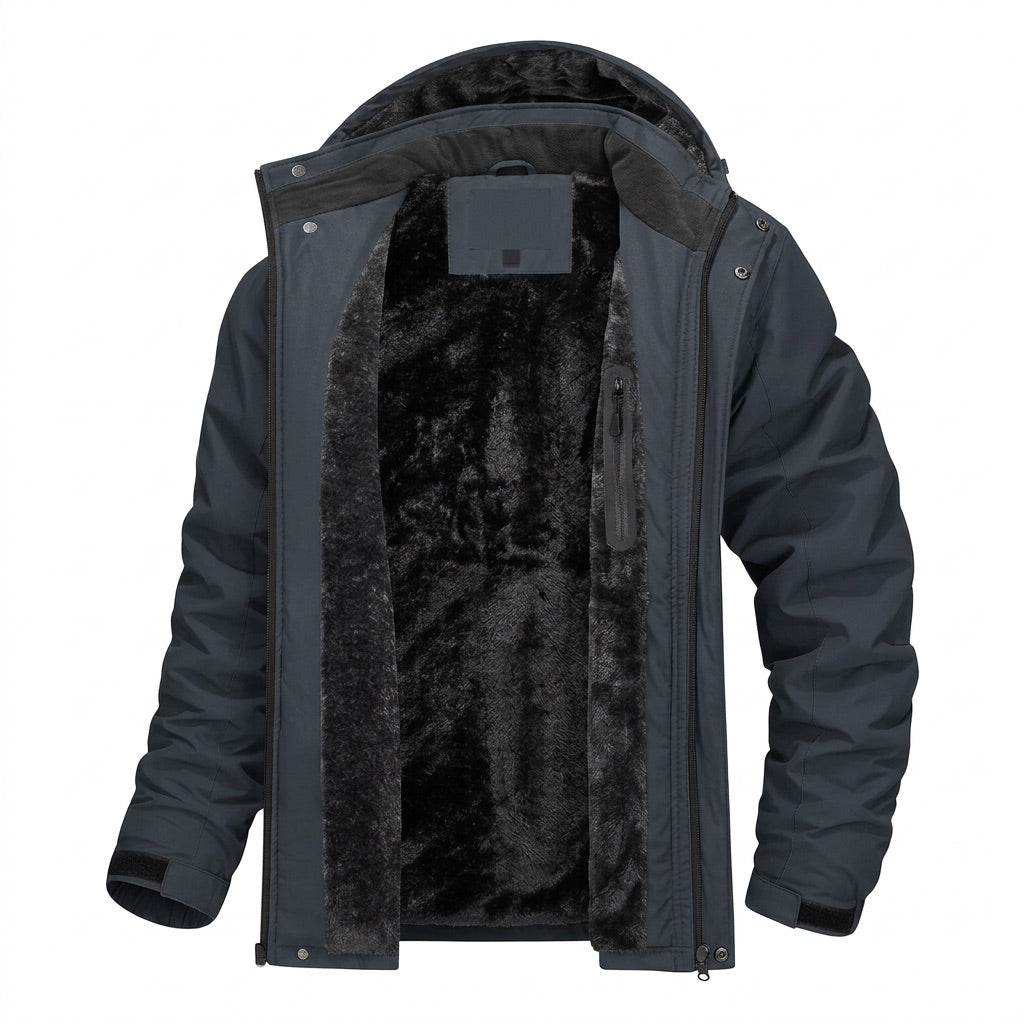 Winterjacke Herren mit Fleecefutter und Kapuze – Outdoor Parka – Dunkelgrau – Vorderansicht