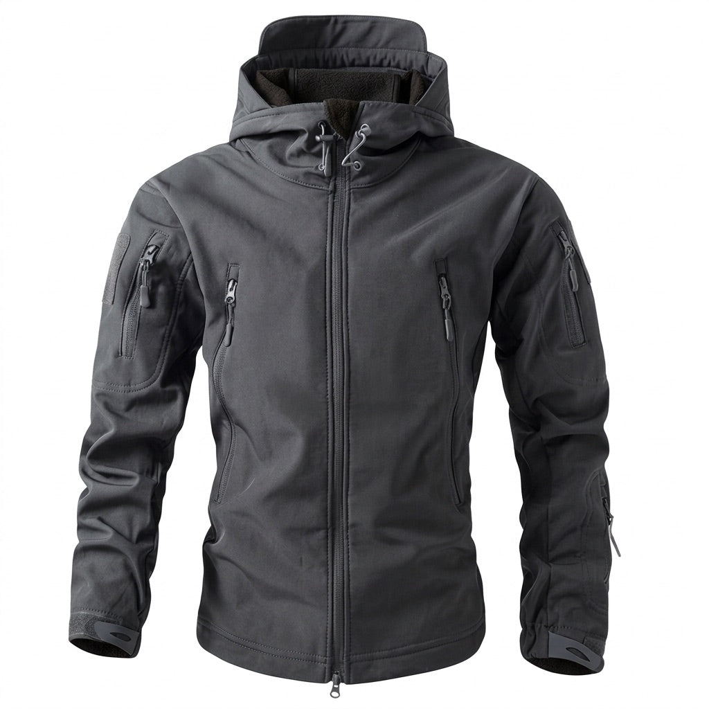 Softshelljacke Herren mit Kapuze – Outdoor Funktionsjacke – Dunkelgrau – Vorderansicht