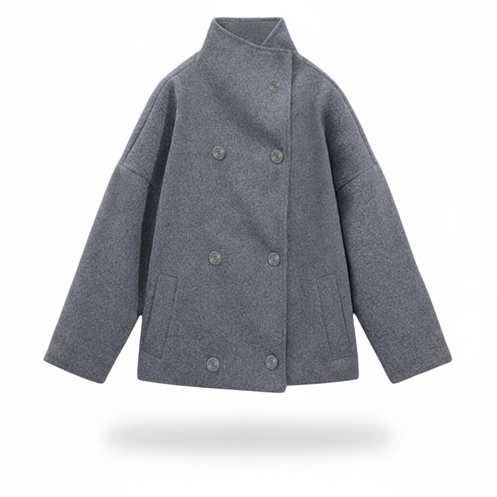 Kurzmantel Damen mit Stehkragen – Kurze Jacke mit Knopfleiste – Grau – Vorderansicht