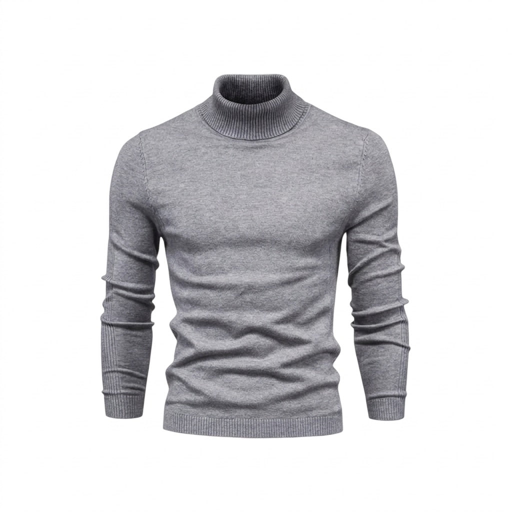 Rollkragenpullover Herren Basic – Leichter Strickpullover Slim – Grau – Vorderansicht