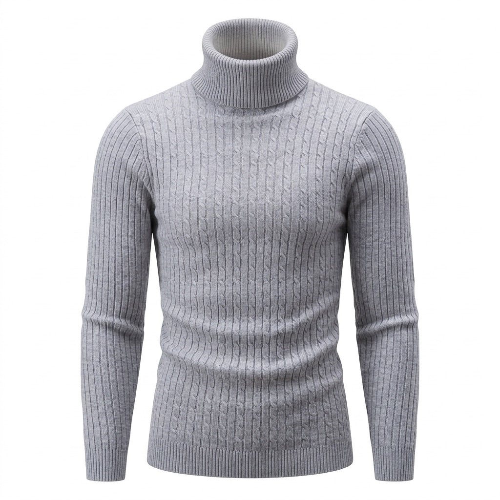 Rollkragenpullover Herren mit Zopfmuster – Warmer Strickpullover – Grau – Vorderansicht