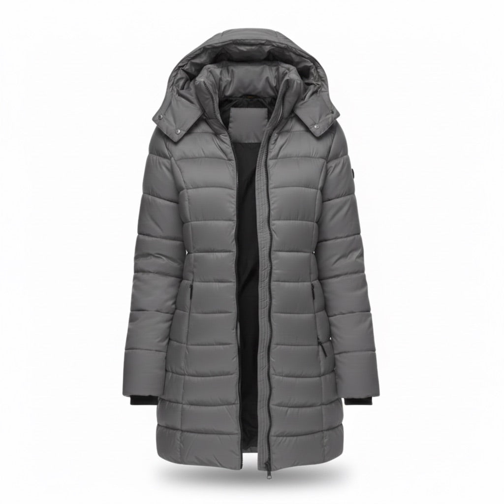 Parka Damen lang gesteppt mit Kapuze – Warme Winterjacke – Grau – Vorderansicht