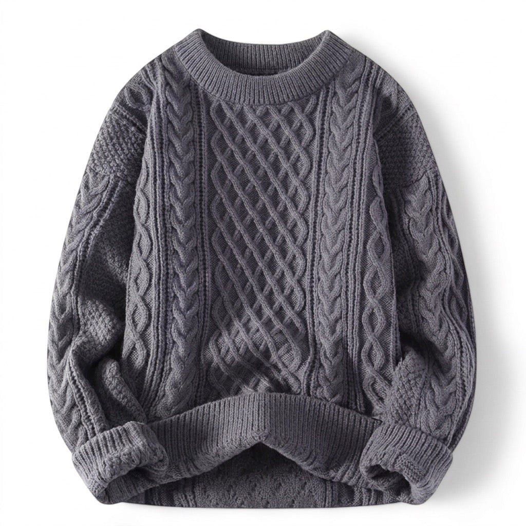 Zopfstrick Pullover Herren Rundhals – Warmer Grobstrick Pullover – Grau – Vorderansicht