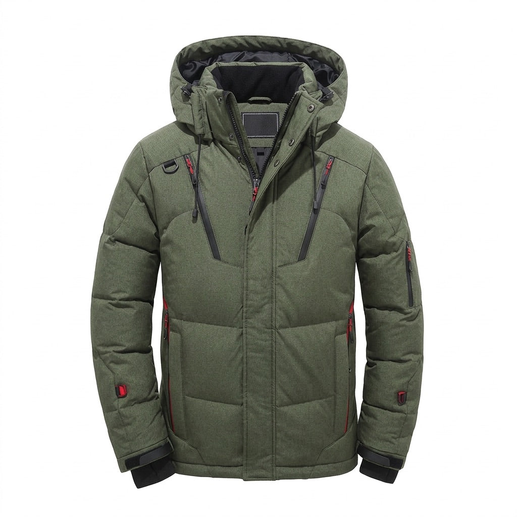 Winterjacke Herren gesteppt mit Kapuze – Warme Pufferjacke – Grün – Vorderansicht