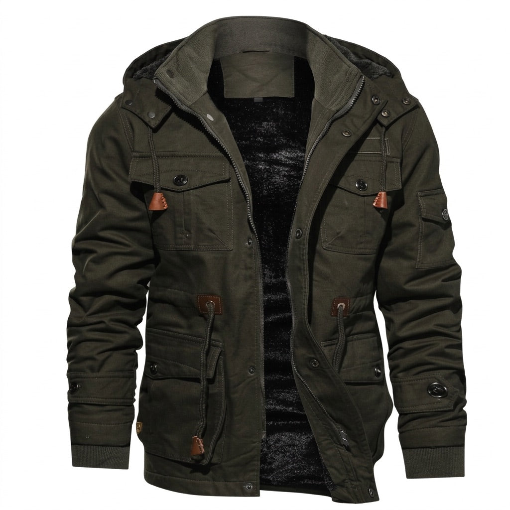 Winterjacke Herren gefüttert mit Kapuze – Field Jacket mit Taschen – Grün – Vorderansicht