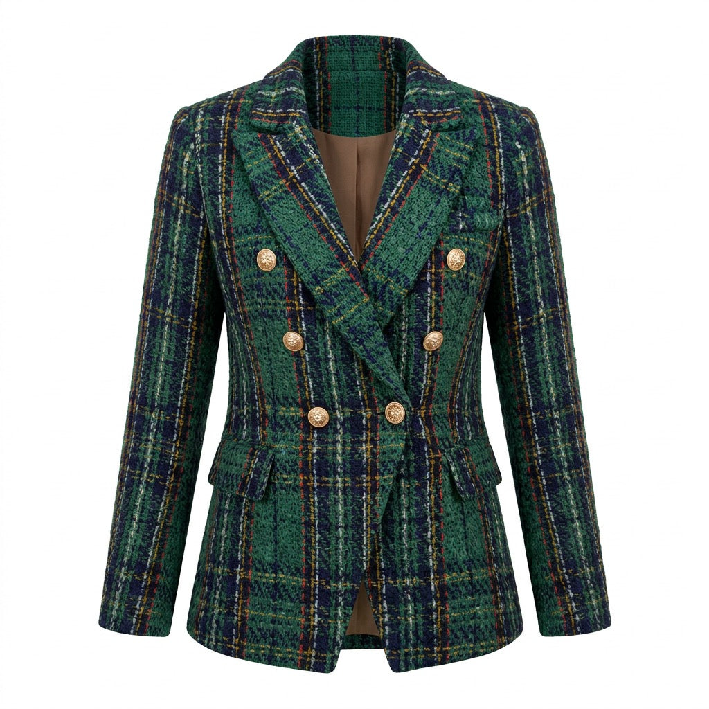 Karierter Blazer Damen – tailliert, zweireihig – Grün kariert – Vorderansicht