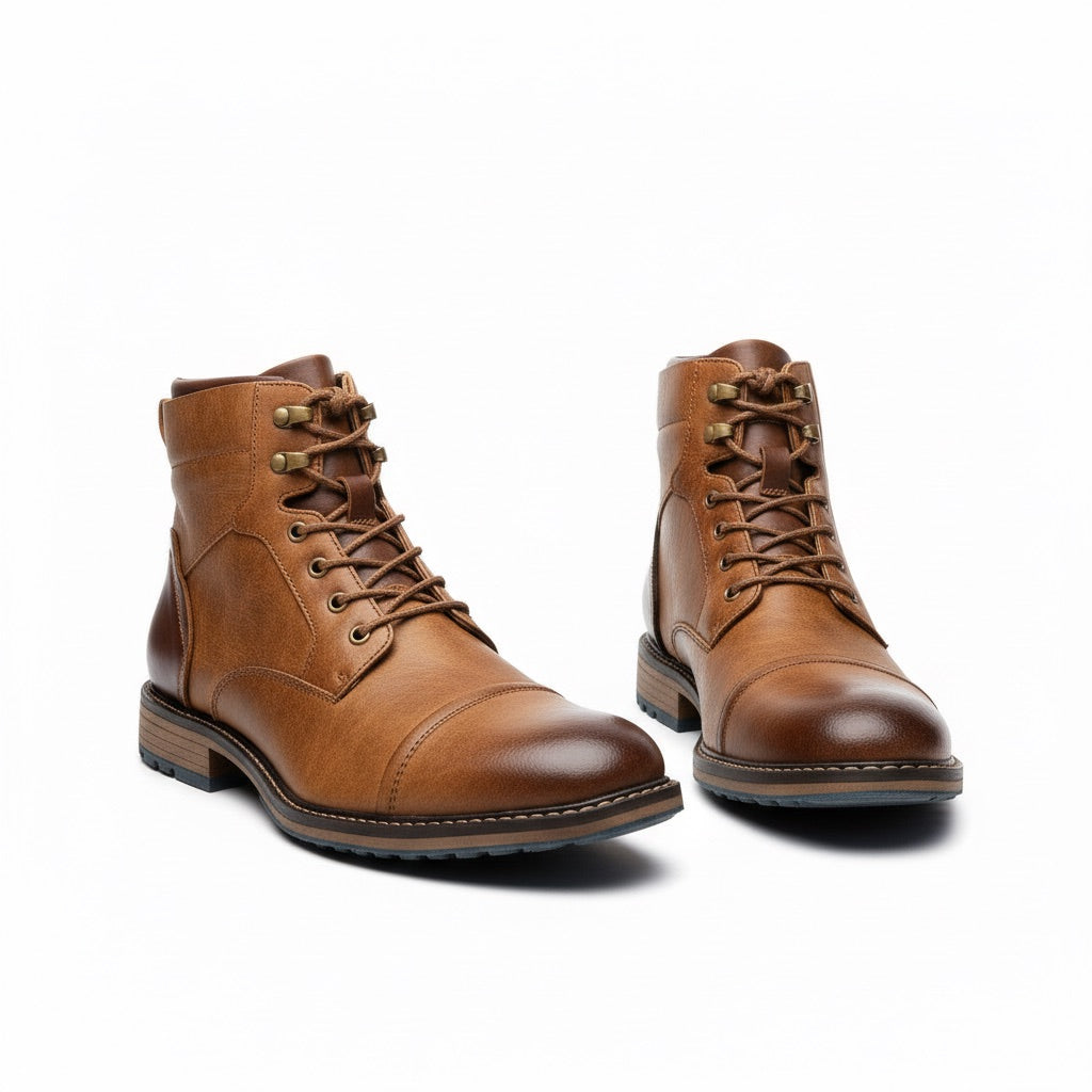 Schnürboots Herren mit Kappe – Stiefeletten in Vintage-Optik – Hellbraun – Vorderansicht