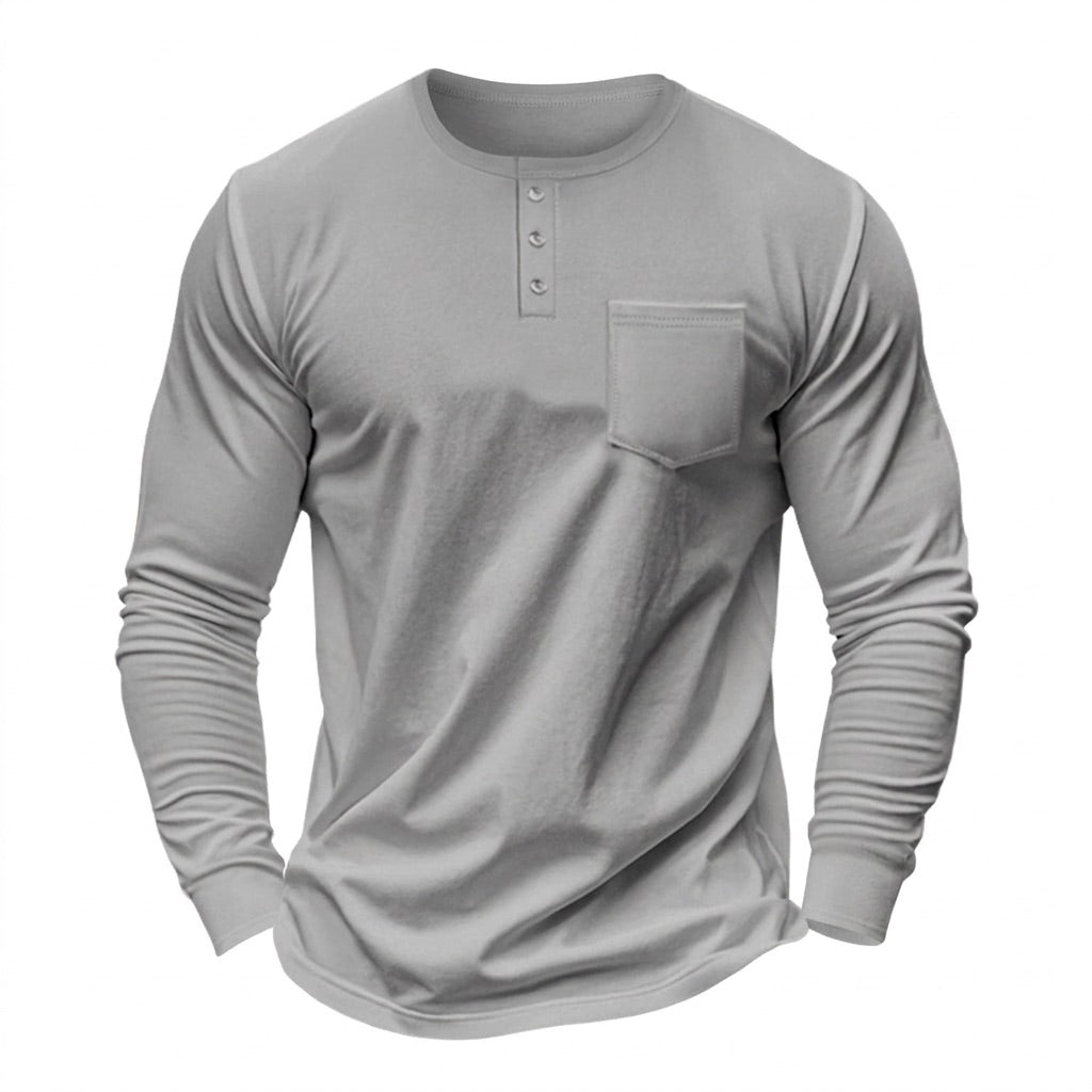 Henley Shirt Herren Langarm – mit Brusttasche – Hellgrau – Vorderansicht