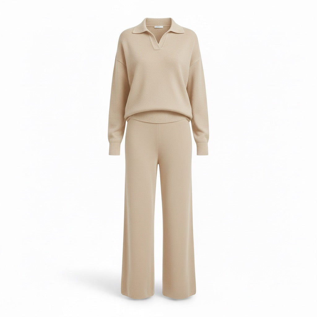Strickset Damen Pullover und Hose – Zweiteiler mit Polokragen – Elfenbein – Vorderansicht