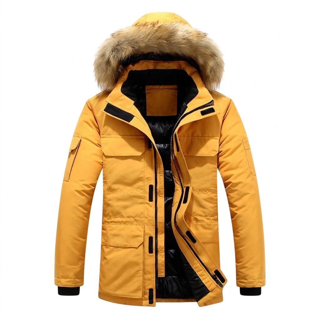 Winterparka Herren mit Kunstfell-Kapuze – Gefütterte Winterjacke – Gelb – Vorderansicht