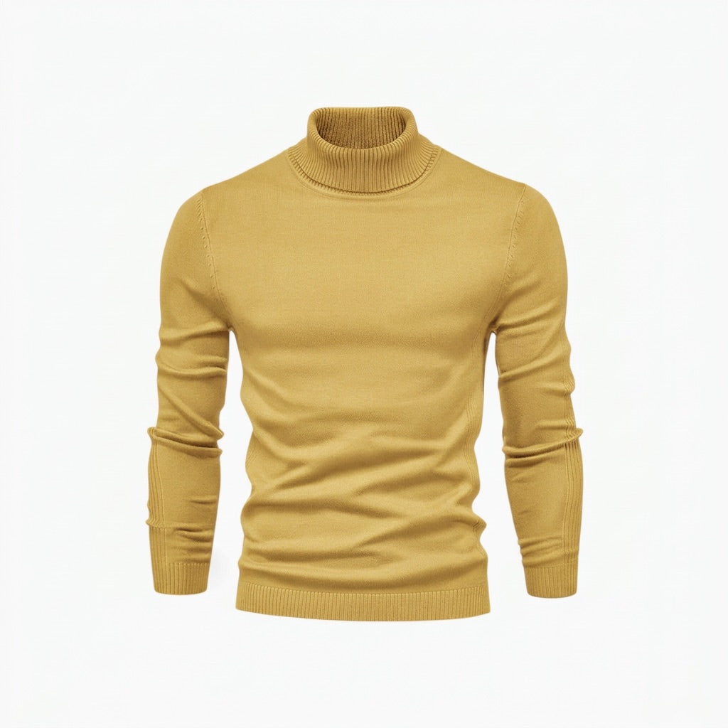 Rollkragenpullover Herren Basic – Leichter Strickpullover Slim – Gelb – Vorderansicht