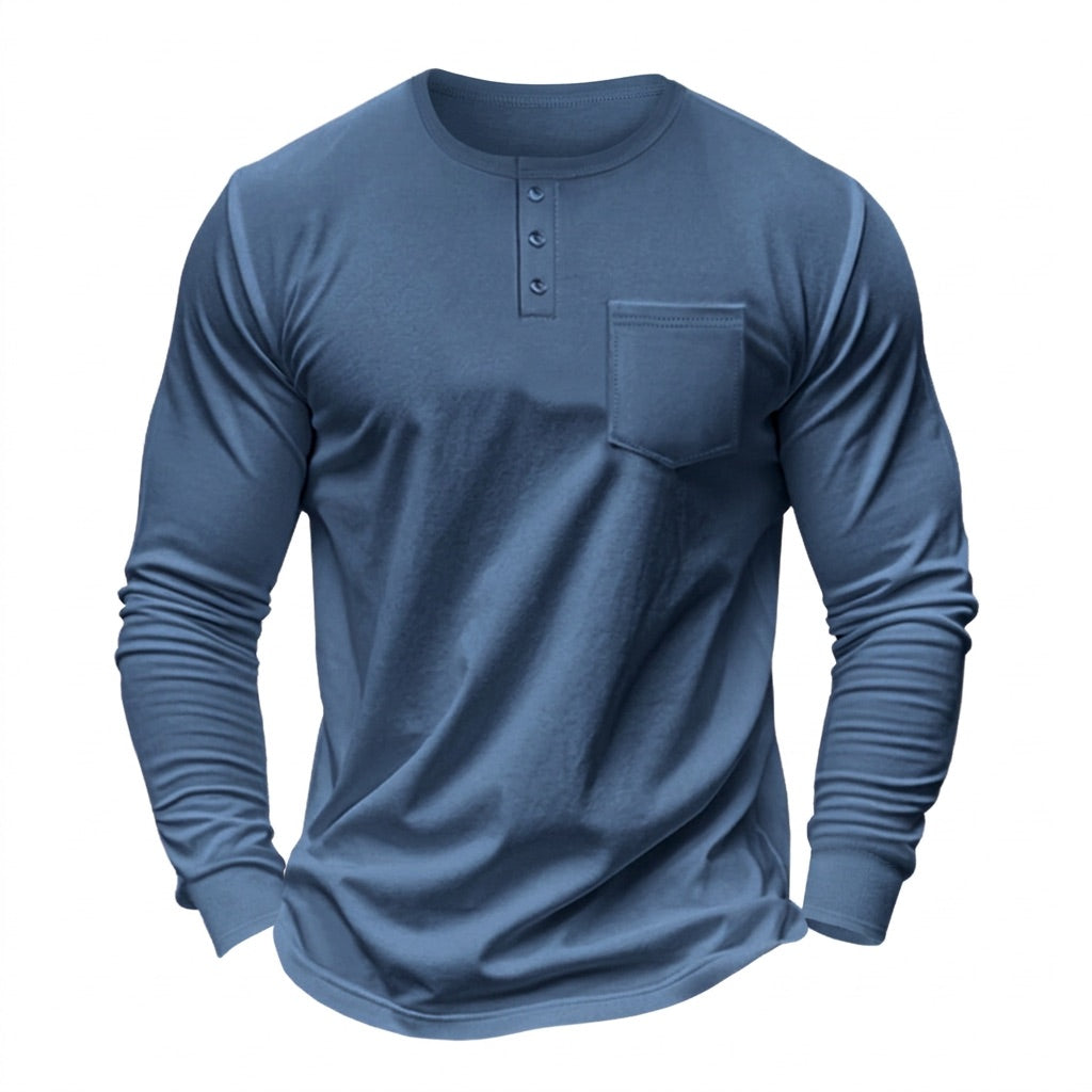 Henley Shirt Herren Langarm – mit Brusttasche – Jeansblau – Vorderansicht