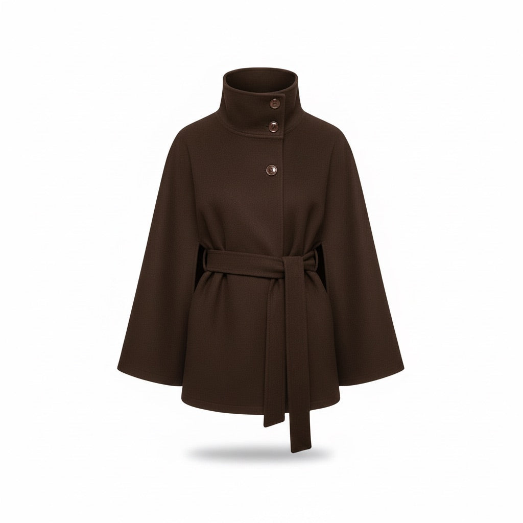 Cape Mantel Damen mit Gürtel und Stehkragen – Eleganter Kurzmantel – Kaffee – Vorderansicht