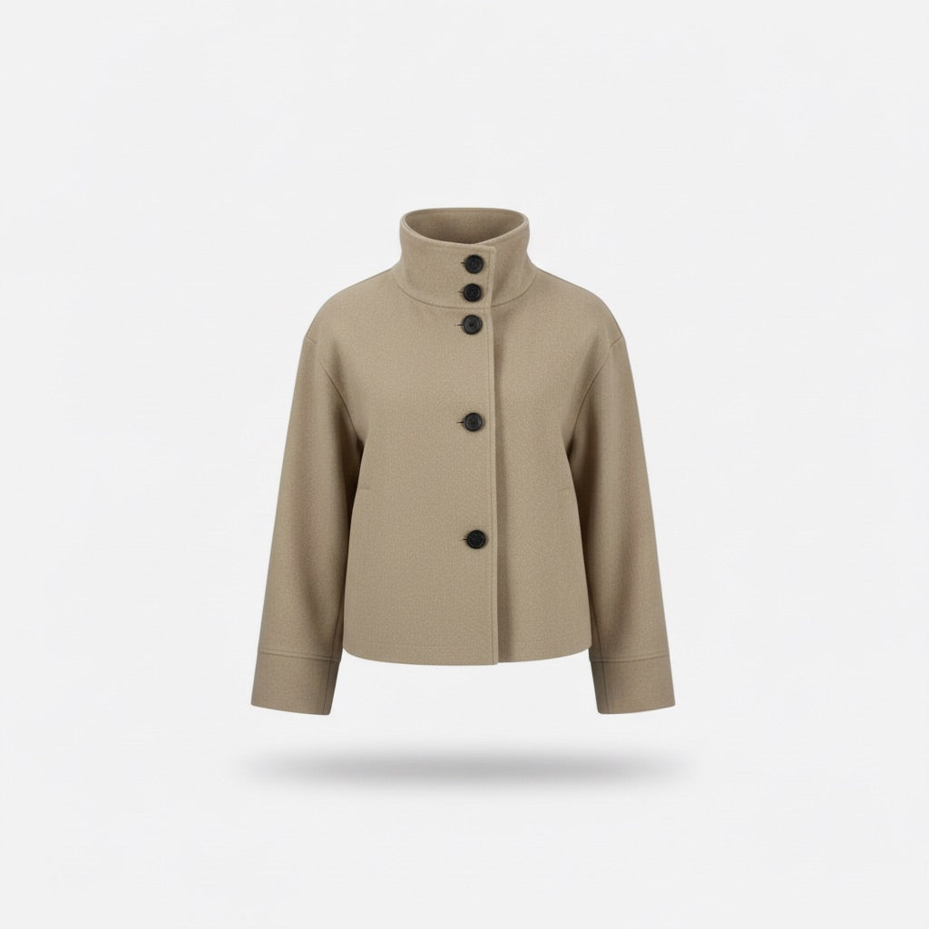 Kurzmantel Damen mit Stehkragen – Kurze Jacke mit Knopfleiste – Khaki – Vorderansicht