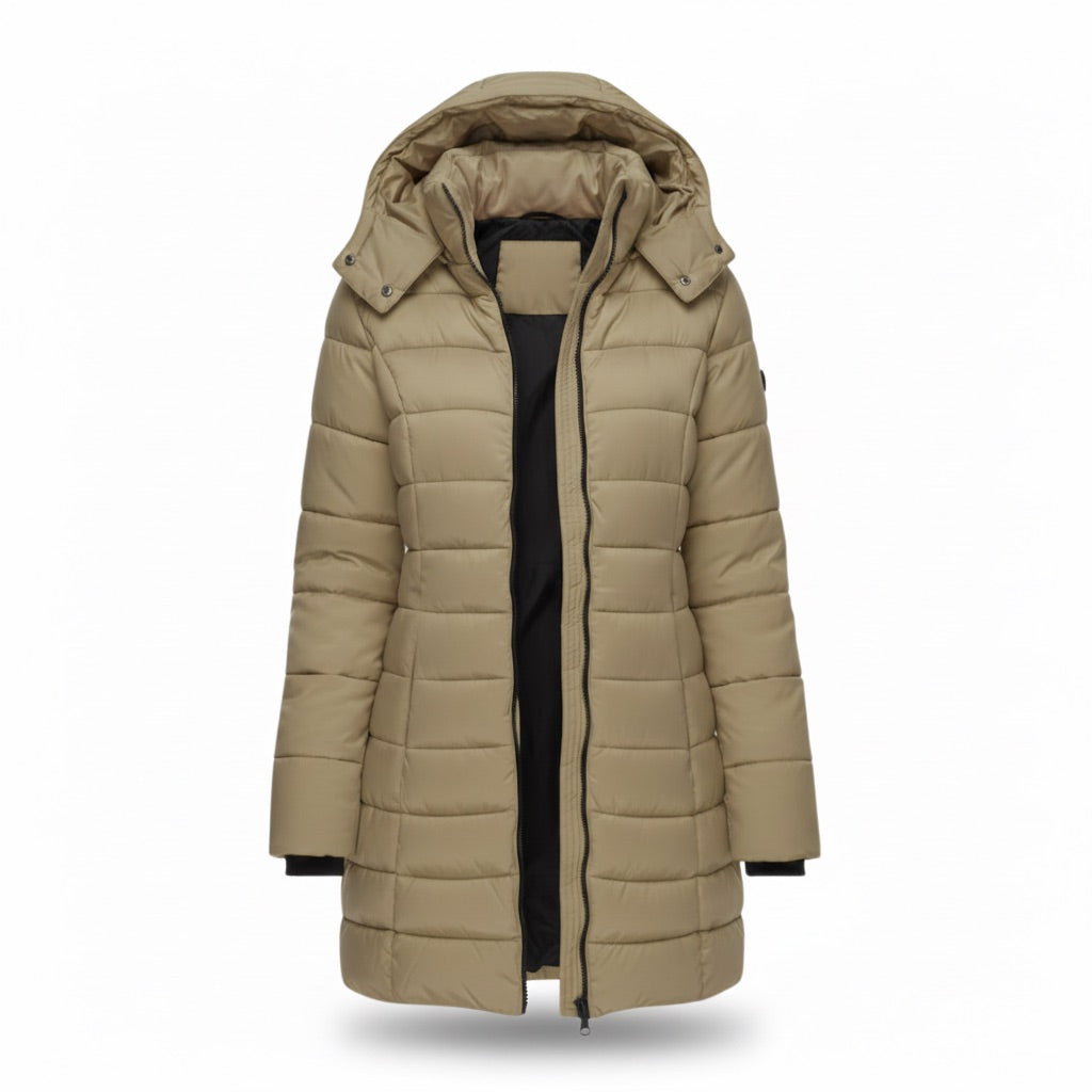 Parka Damen lang gesteppt mit Kapuze – Warme Winterjacke – Khaki – Vorderansicht