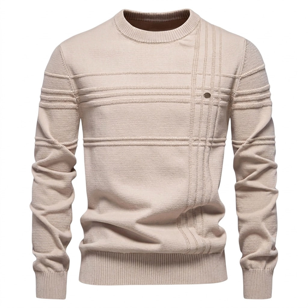 Strickpullover Herren Rundhals – Pullover mit Streifenstruktur – Khaki – Vorderansicht