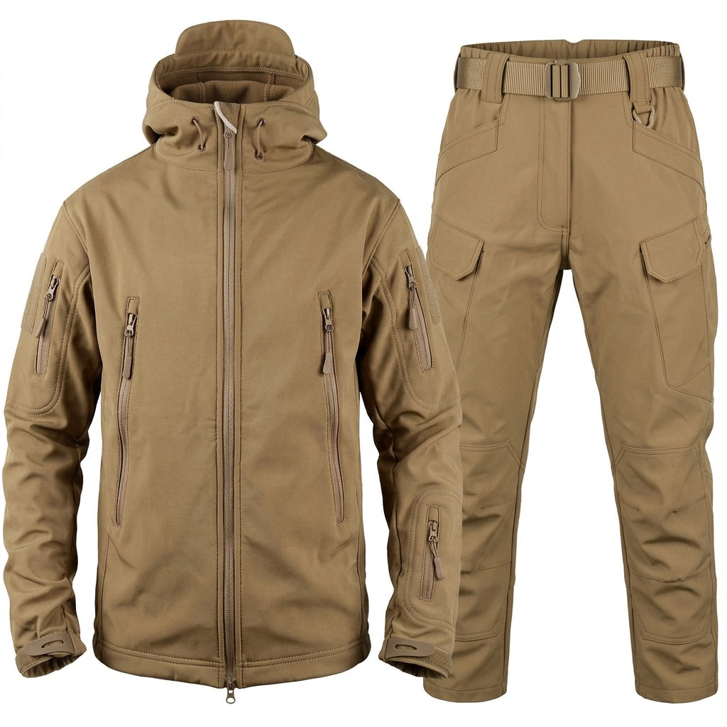 Softshell Set Herren – Funktionsjacke mit Kapuze und Cargohose – Khaki – Vorderansicht