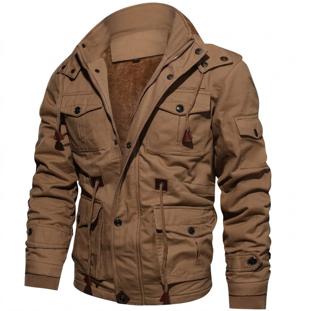 Winterjacke Herren gefüttert mit Kapuze – Field Jacket mit Taschen – Khaki – Vorderansicht
