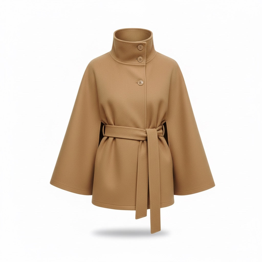 Cape Mantel Damen mit Gürtel und Stehkragen – Eleganter Kurzmantel – Khaki – Vorderansicht