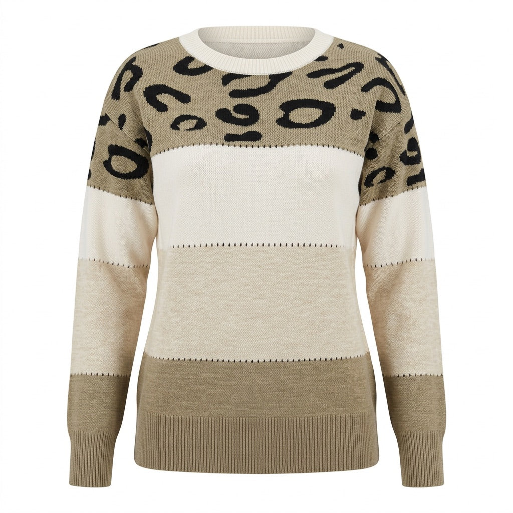 Strickpullover Damen mit Leomuster – Colour-Block – Khaki – Vorderansicht