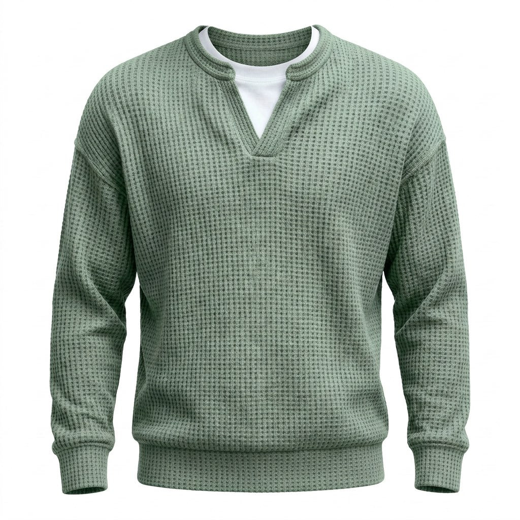 Waffelpullover Herren mit Schlitzausschnitt – Lässiger Pullover – Hellgrün – Vorderansicht